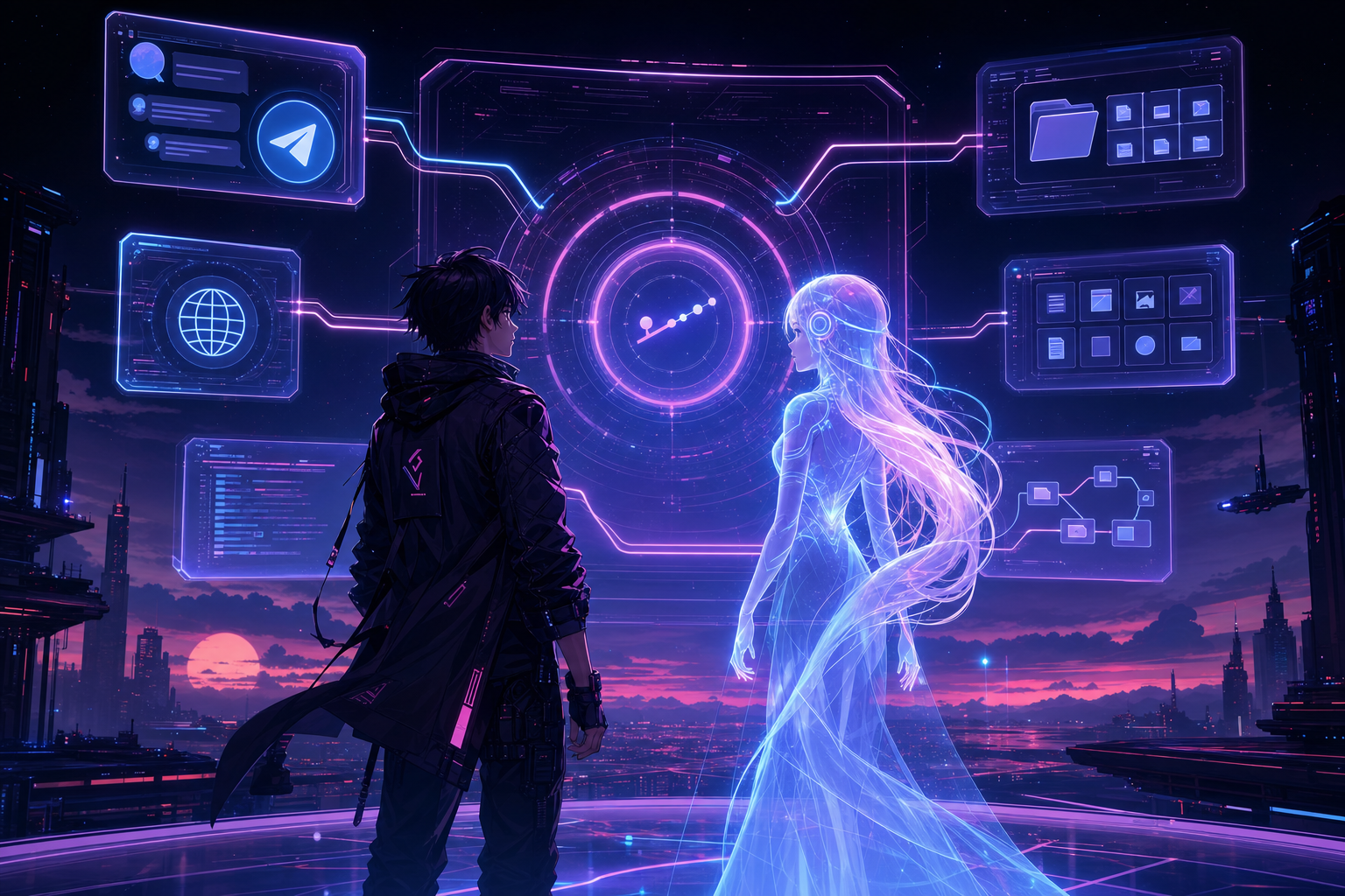 Dois personagens diante de uma interface futurista representando Hermes Agent