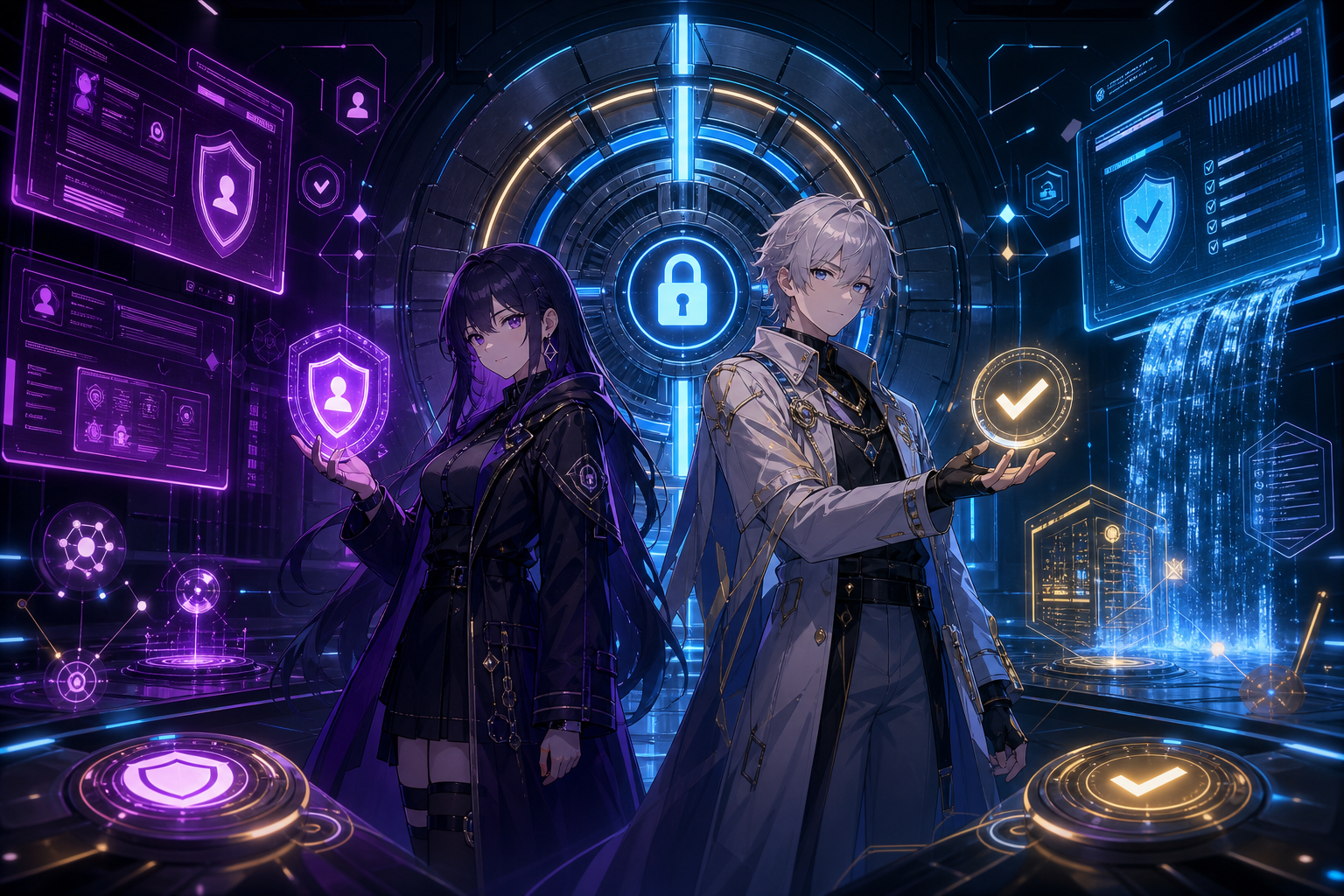 Dois personagens diante de símbolos de segurança